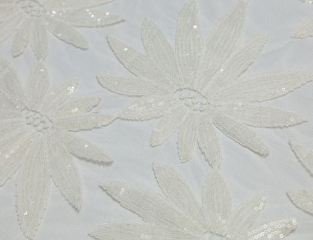 White Flower Embroidery Table Cloth with Shiny Sequins