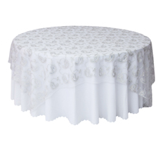 Customized Size Premium Round Ribbon Embroidery Silver Sequin Mesh Table Cloth