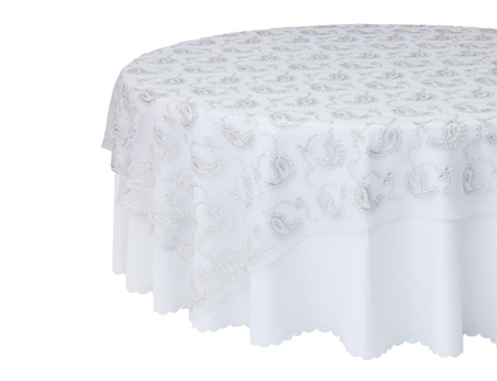 Customized Size Premium Round Ribbon Embroidery Silver Sequin Mesh Table Cloth