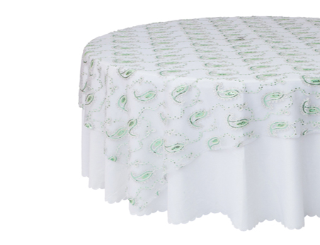 Customized Size Premium Round Ribbon Embroidery Green Sequin Mesh Table Cloth