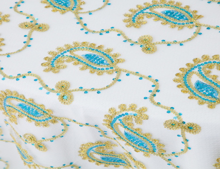 Customized Size Premium Round Ribbon Embroidery Turquoise Sequin Mesh Embroidery Table Cloth