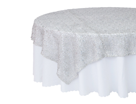 Customized Size Premium Round Silver Sequin on Mesh Table Overlay