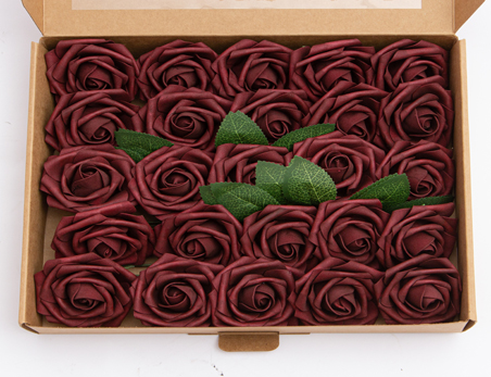 Wholesale Burgundy PE Pack of 25 Foam Rose Artificial Flower Head with Rod Box-packed Wedding Valentine’s Day Christmas Decor