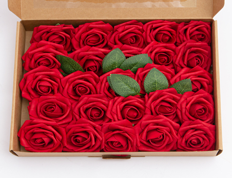 Artificial Flower PE Pack of 25 Foam Red Rose Flower Head with Rod Box-packed for Wedding Valentine’s Day Christmas Decor