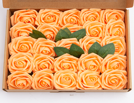 Artificial Flower PE Pack of 25 Foam Orange Rose Flower Head with Rod Box-packed for Wedding Valentine’s Day Christmas Decor