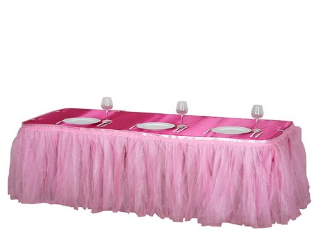 Pink Two Layered Pleated Tulle Tutu Table Skirt With Satin Edge