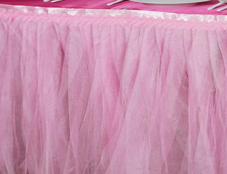 Pink Two Layered Pleated Tulle Tutu Table Skirt With Satin Edge