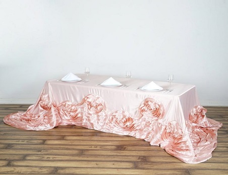 90″x156″  Large Rosette Rectangular Lamour Satin Table Skirt