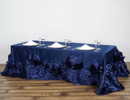 90″x156″  Large Rosette Rectangular Lamour Satin Table Skirt