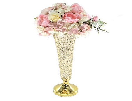 Gold Crystal Beaded Metal Trumpet Vase