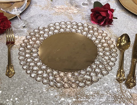 14″ Gold Wired Metal Charger Plate With 118 Acrylic Crystal Beads