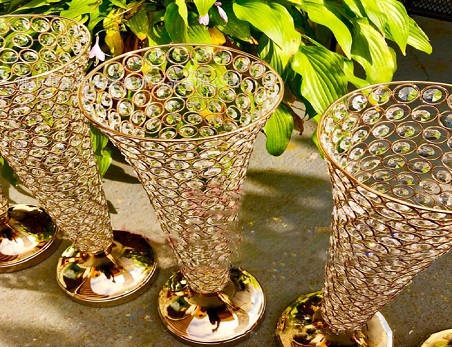 Gold Crystal Beaded Metal Trumpet Vase